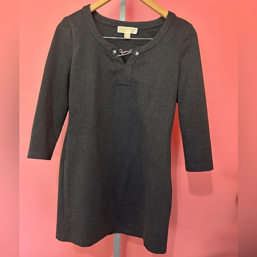 Michael Kors Charcoal Gray Derby Mini Dress with silver toggle Size Small
